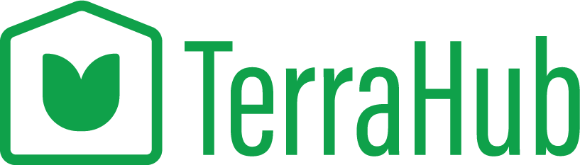 TerraHub logo in green with leaf icon inside a house shape
