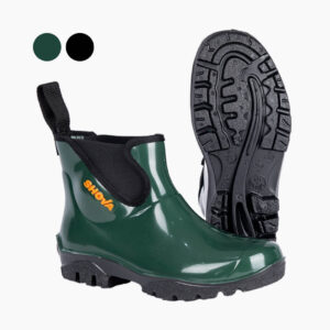 Shova Chelsea ankle-length PVC gumboots for garden and agricultural use, in black and green.