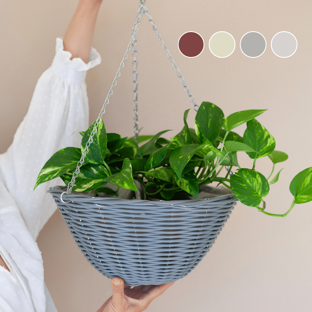 T_O02890 - Rattan Effect Hanging Basket - Light Grey - styled