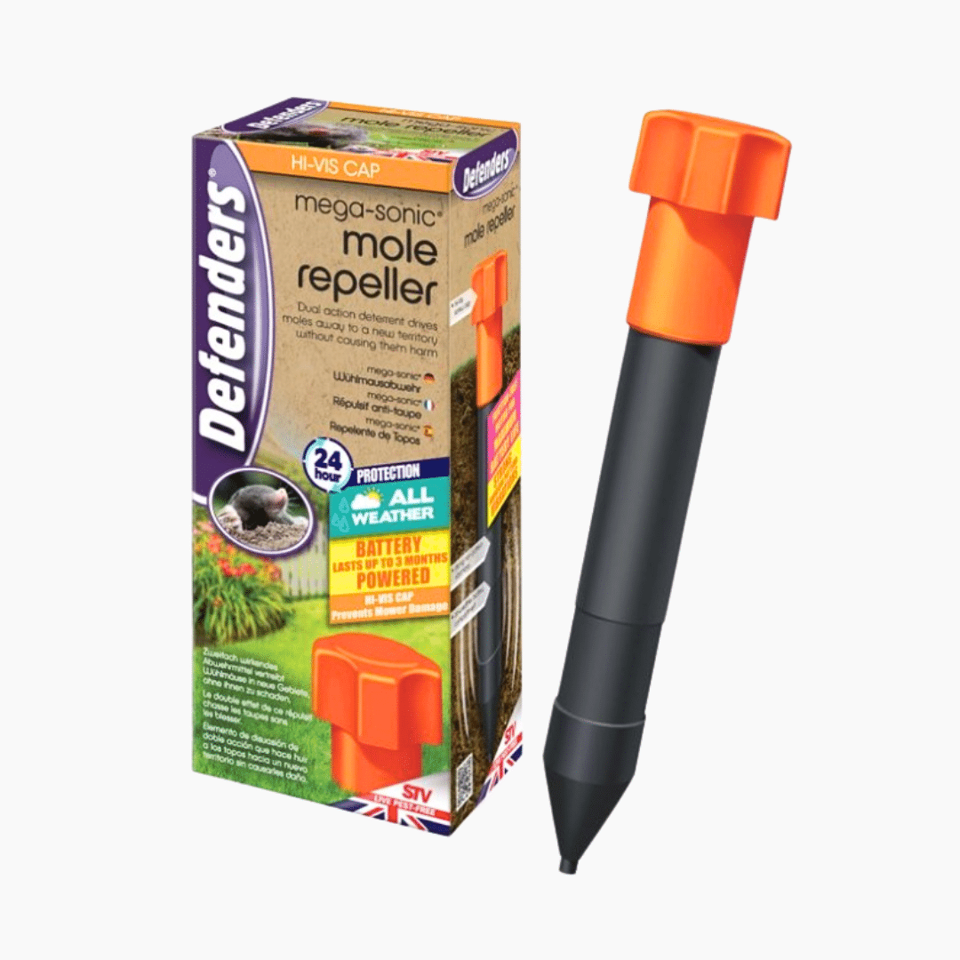 Mega-Sonic Mole Repeller Weatherproof Mega-Sonic Mole Repeller with hi-vis cap, shown installed in a grassy garden area for humane mole control.