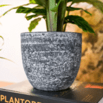 Matte anthracite ceramic planter with rugged stone-like finish, styled indoors with a green plant on a wooden shelf.