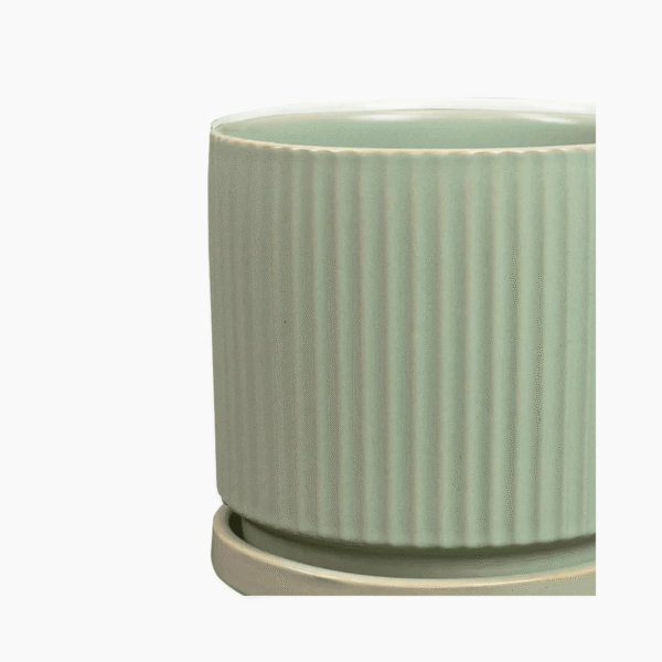 Modern mint green Siebe ceramic pot with matching saucer, glazed finish, for indoor plants