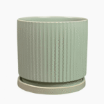 Modern mint green Siebe ceramic pot with matching saucer, glazed finish, for indoor plants