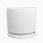 Modern white Siebe ceramic pot with matching saucer, glazed finish, for indoor plants