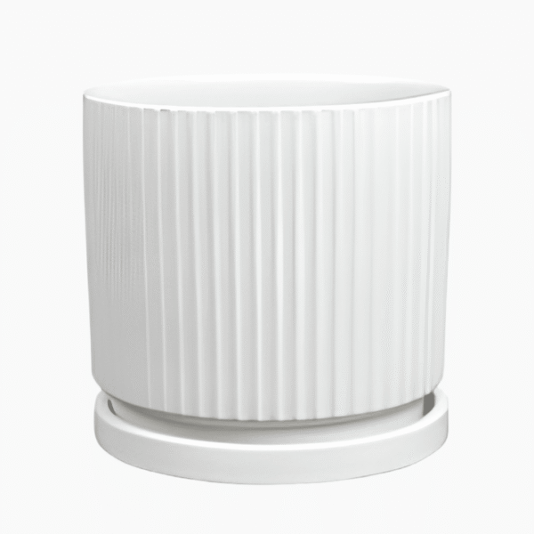 Modern white Siebe ceramic pot with matching saucer, glazed finish, for indoor plants
