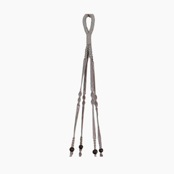 90cm silver/grey macramé plant hanger with decorative woven design.