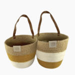 Handmade Hanging Rope Planter Set Small & Medium in mustard, ivory, and jute tones with leather straps
