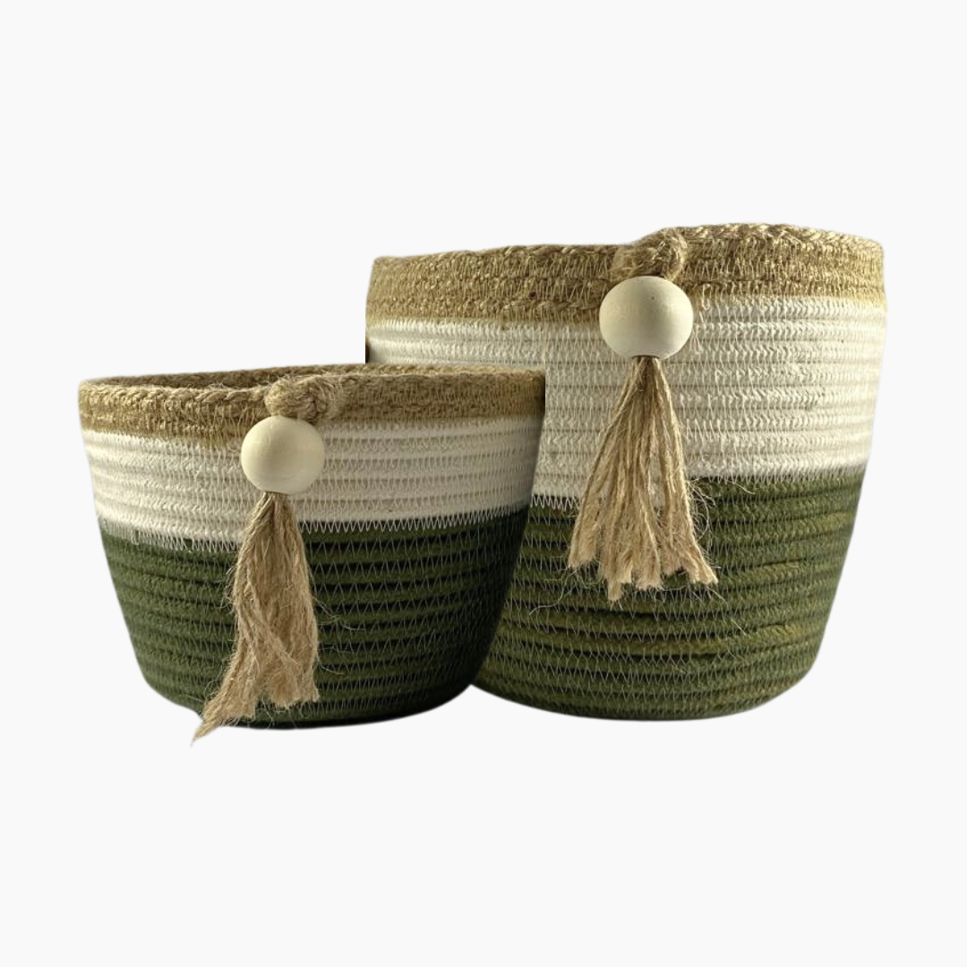 Handmade Rope Planter SetSmall & Mini | Green, Ivory & Jute | Handmade Rope Planter Set Small & Mini Green Ivory & Jute