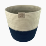 Large Rope Planter handcrafted navy and ivory with jute cord, 23cm × 20cm.