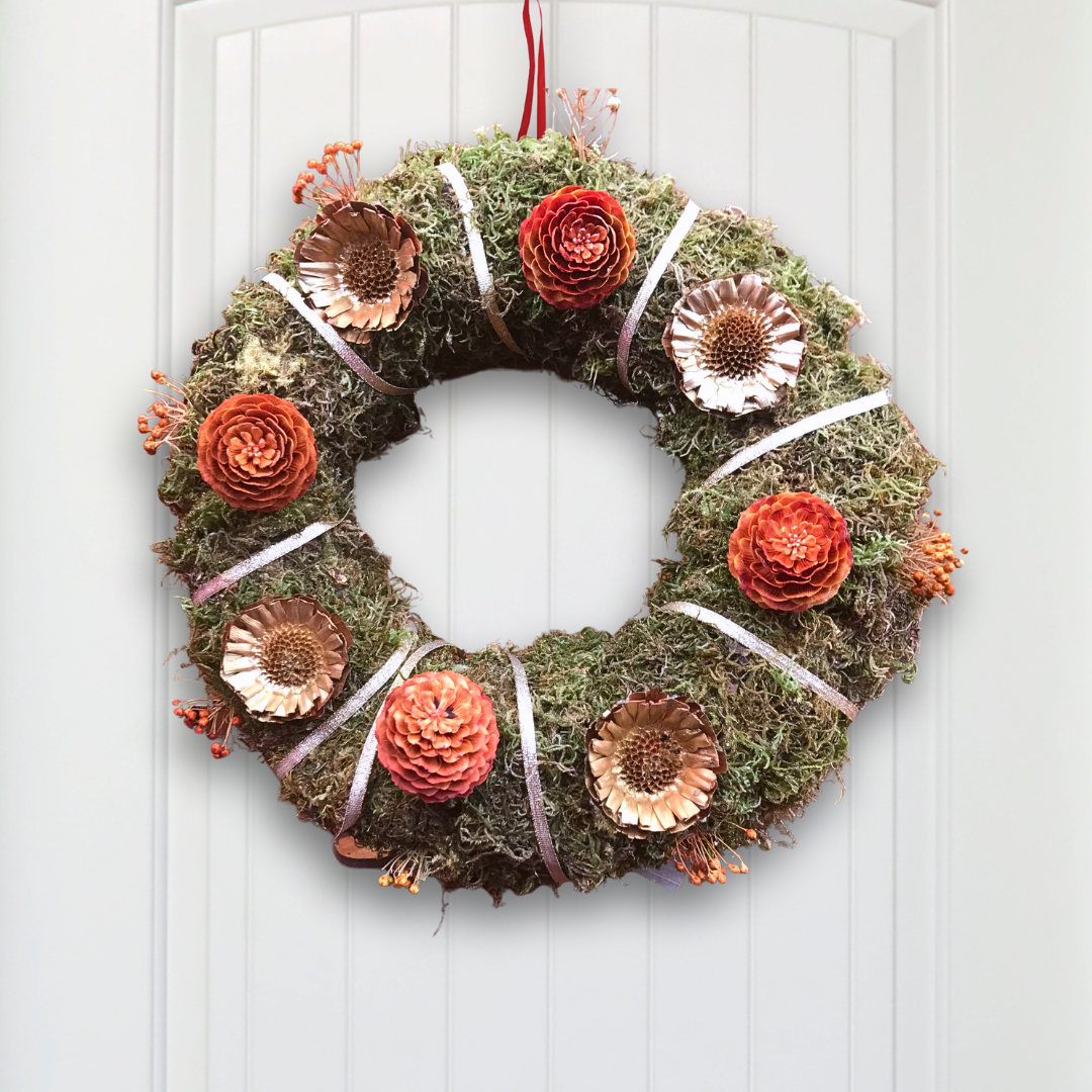 Rustic Indigenous Moss Wreath – Handmade Medium Wreath with Compacta, Decirum, Fynbos Buds, Dried Moss & Ribbon