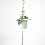 Medium Cream Macramé Plant Hanger with Olive Wooden Beads – 960mm Indoor Hanging Planter – Fits 13–15cm Pots