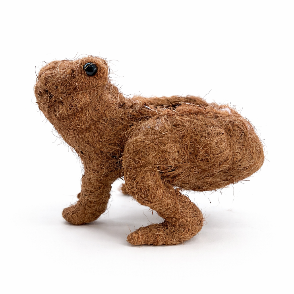 7FD5045C-7E13-444A-9739-D79FFEFEFCF6 Brown frog-shaped coir planter with plastic lining, suitable for 9–12cm indoor plant pot, displayed on white background.
