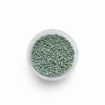 Green-coated granular 6-month controlled slow release fertilizer (16-8-12) displayed in a clear container against a white background.
