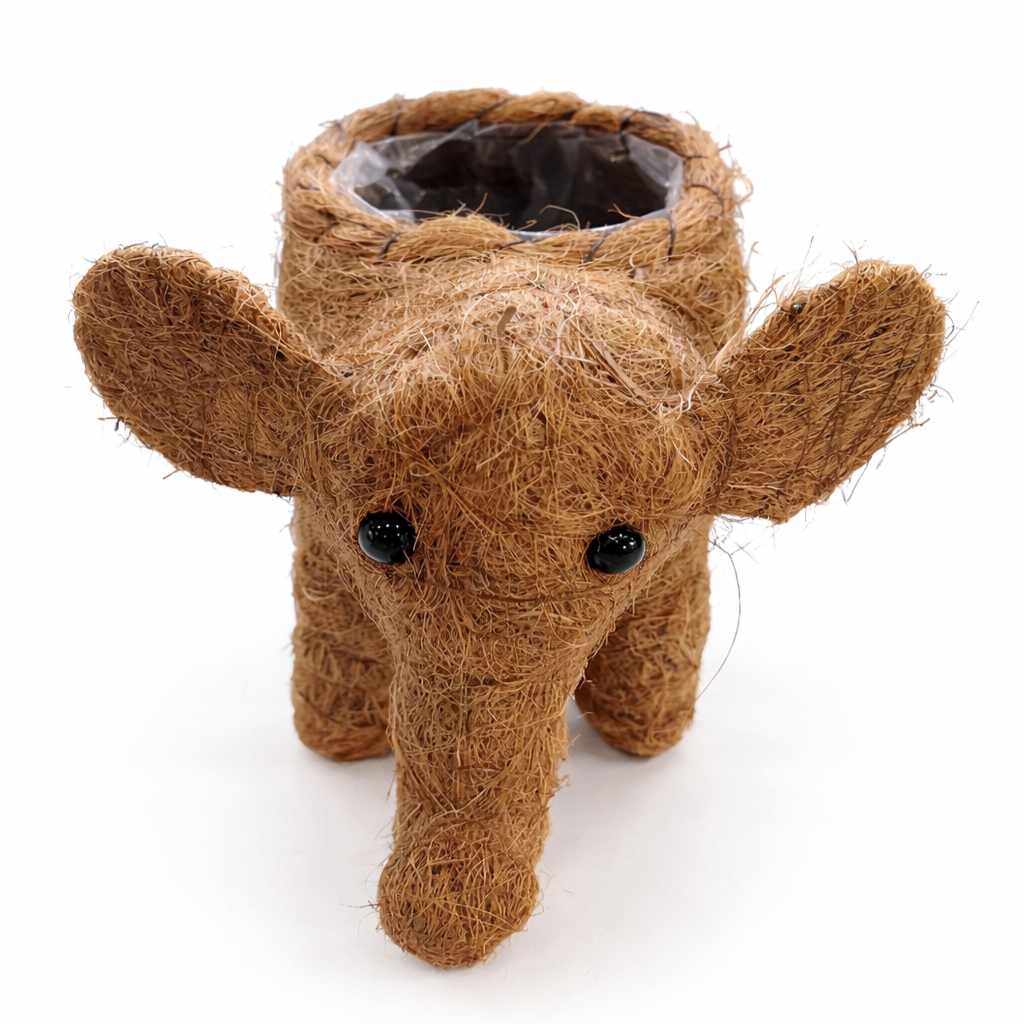 FB7FA7E0-E590-4D51-8007-801E99E9C129 Brown elephant-shaped coir planter with plastic lining, suitable for 9–12cm indoor plant pot, displayed on white background.