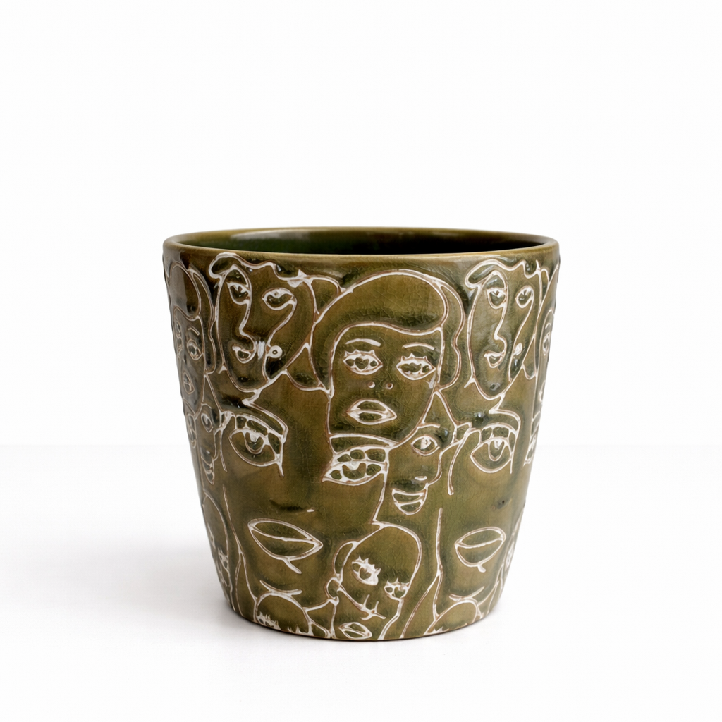 Green faces pot Green ceramic planter with embossed abstract face design against a white background.