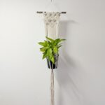 Extra-long natural cotton macramé plant hanger with wooden dowel, holding a black nursery pot with green foliage, suitable for 20–30cm pots, hanging against a white wall.