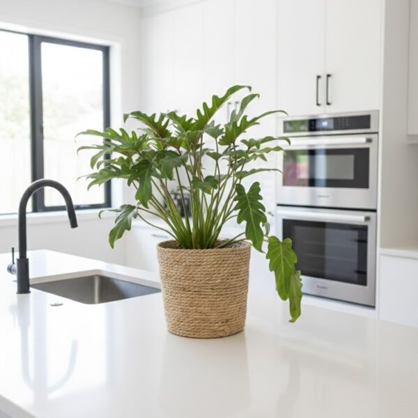 Large handwoven natural seagrass plant basket with green plant on white surface in modern kitchen