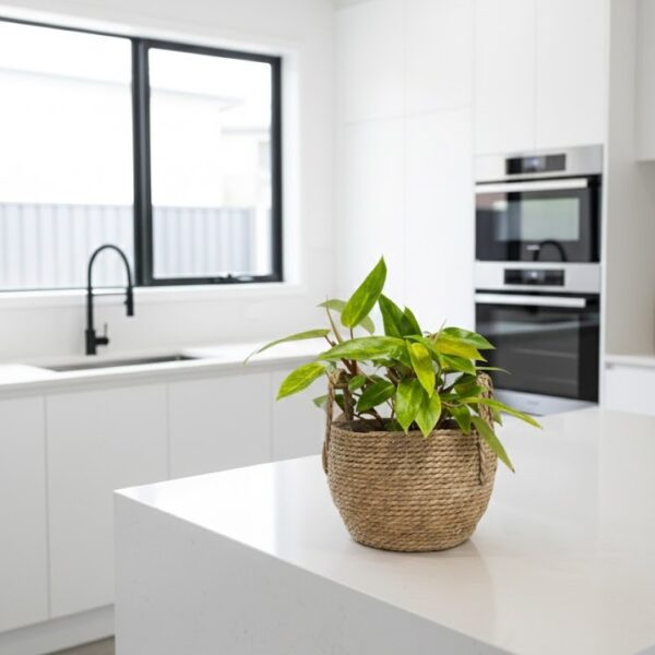 Small round natural seagrass woven basket with upright woven handles and plant in on white counter in modern kitchen