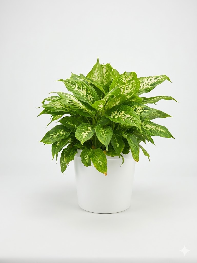Dieff reflector 30cm Dieffenbachia Reflector with speckled lime green and dark green leaves in a 25cm white plastic pot on white background
