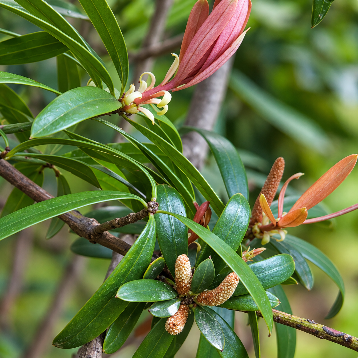Botanical Close-Up of Pink Buds and Catkins